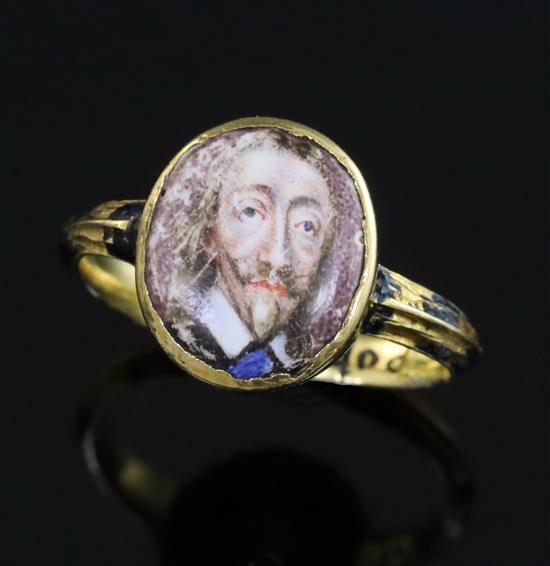 A rare mid 17th century enamelled gold oval memorial ring for Charles I (1600-1649), finger size K.